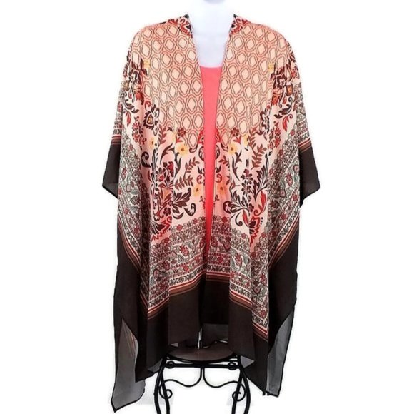 Brown, Orange Floral Scarf Print Open Front Short Sleeve Kimono Top Womens S/M - Picture 1 of 8